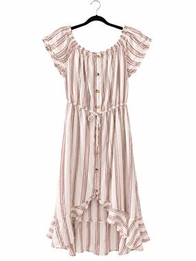 indulge Cream and Pink Striped Button-Front Casual Dress